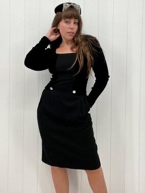 Vintage 80s Nina Ricci Black Sheath Long Sleeve Dress Square Neckline LBD M 40